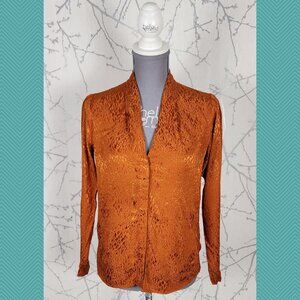 Babaton Orange Snakeskin Button Front V-Neck Power Blouse Career Feminine